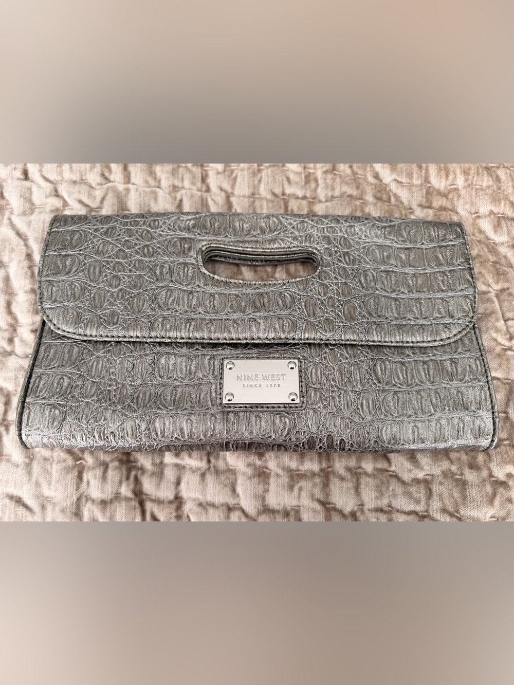 Nine West Metallic Silver Croc-Embossed Wristlet Clutch